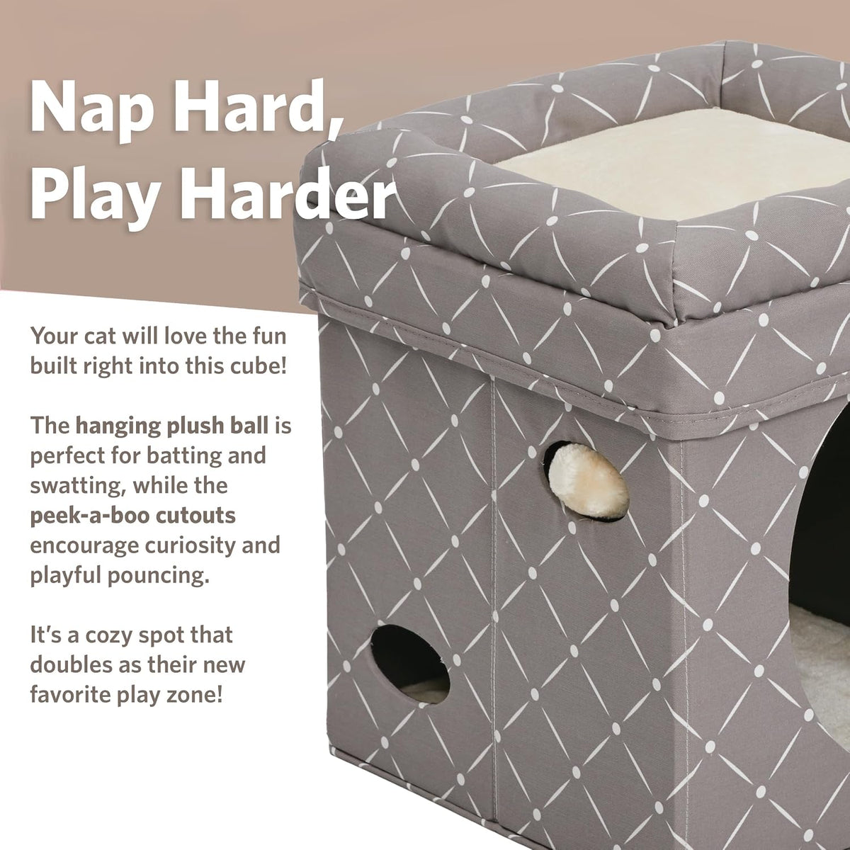 Feline Nuvo Curious Cat Cube, Foldable Cat Hideout with Toy, Bolstered Bed Top, Mushroom Diamond, Faux Fur