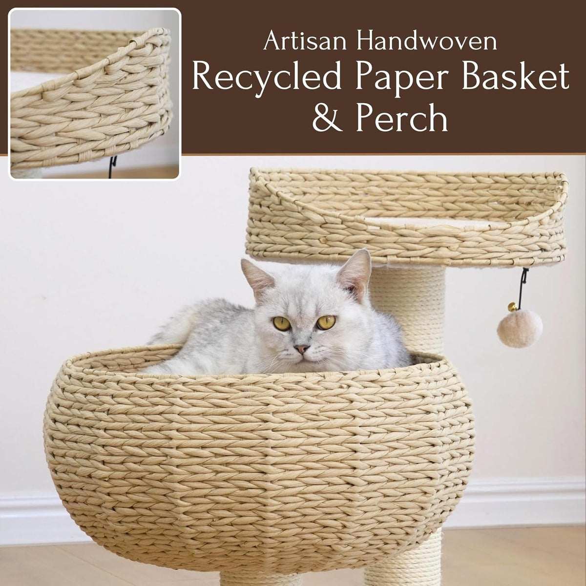 Modern Small Cat Tree with 2 Cat Beds, Handwoven Paper Rope Basket, Elevated Perch, Sisal Scratching Posts and Removable Washable Cushions, Beige