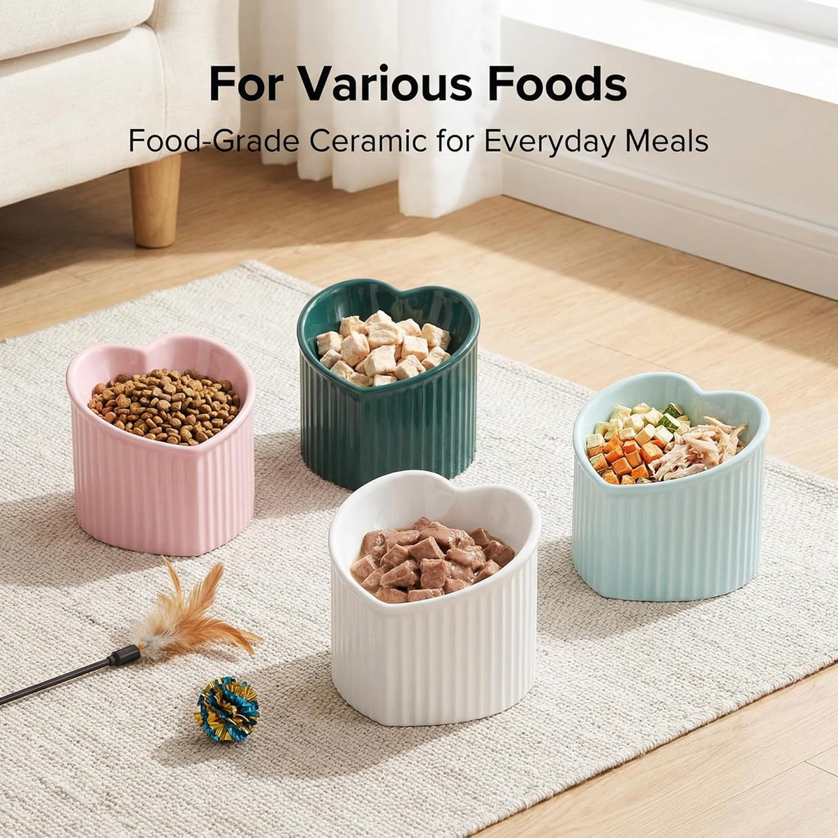 Pink Ceramic Raised Cat Bowls, Tilted Elevated Food or Water Bowls, Stress Free, Backflow Prevention, Dishwasher and Microwave Safe, Lead & Cadmium Free