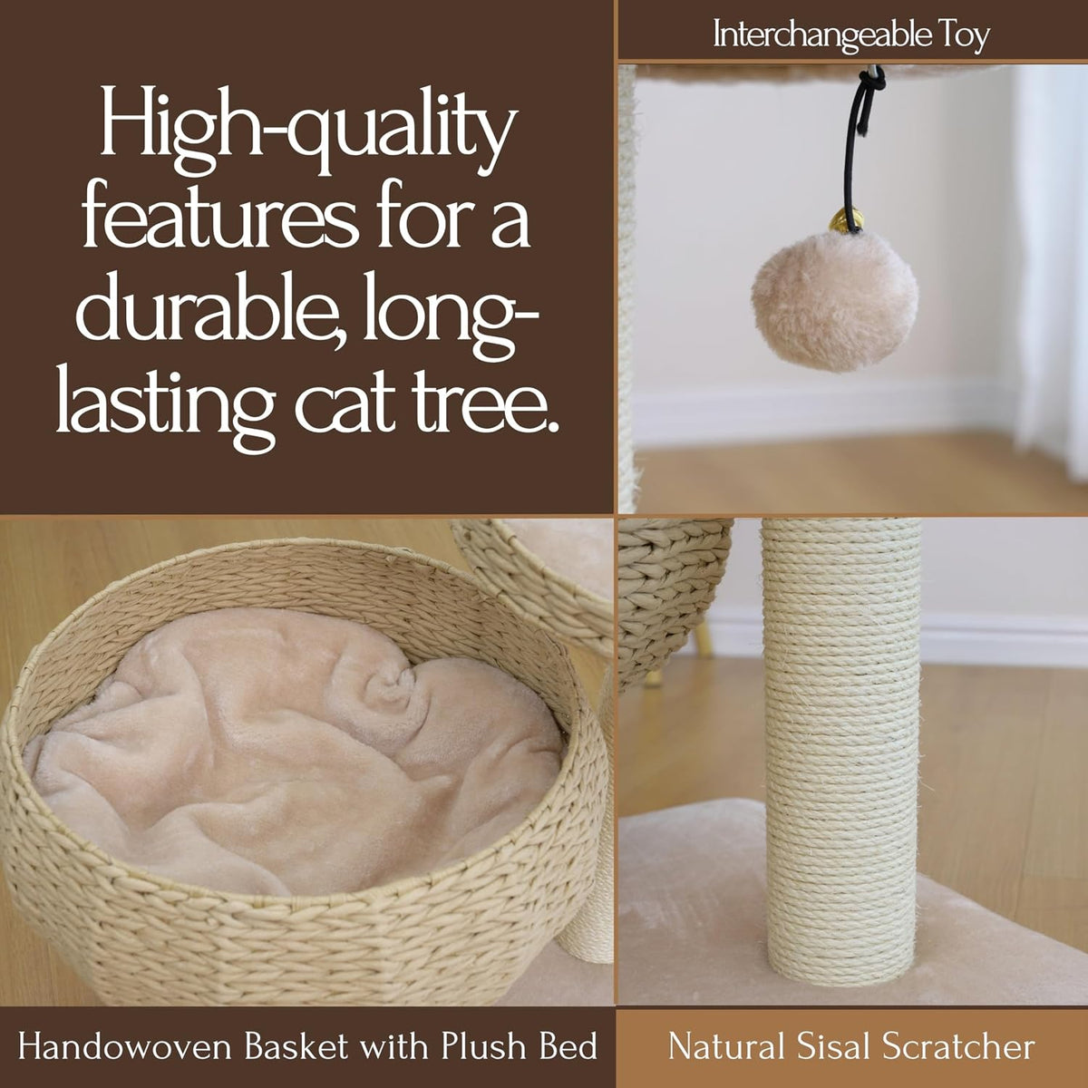 Modern Small Cat Tree with 2 Cat Beds, Handwoven Paper Rope Basket, Elevated Perch, Sisal Scratching Posts and Removable Washable Cushions, Beige