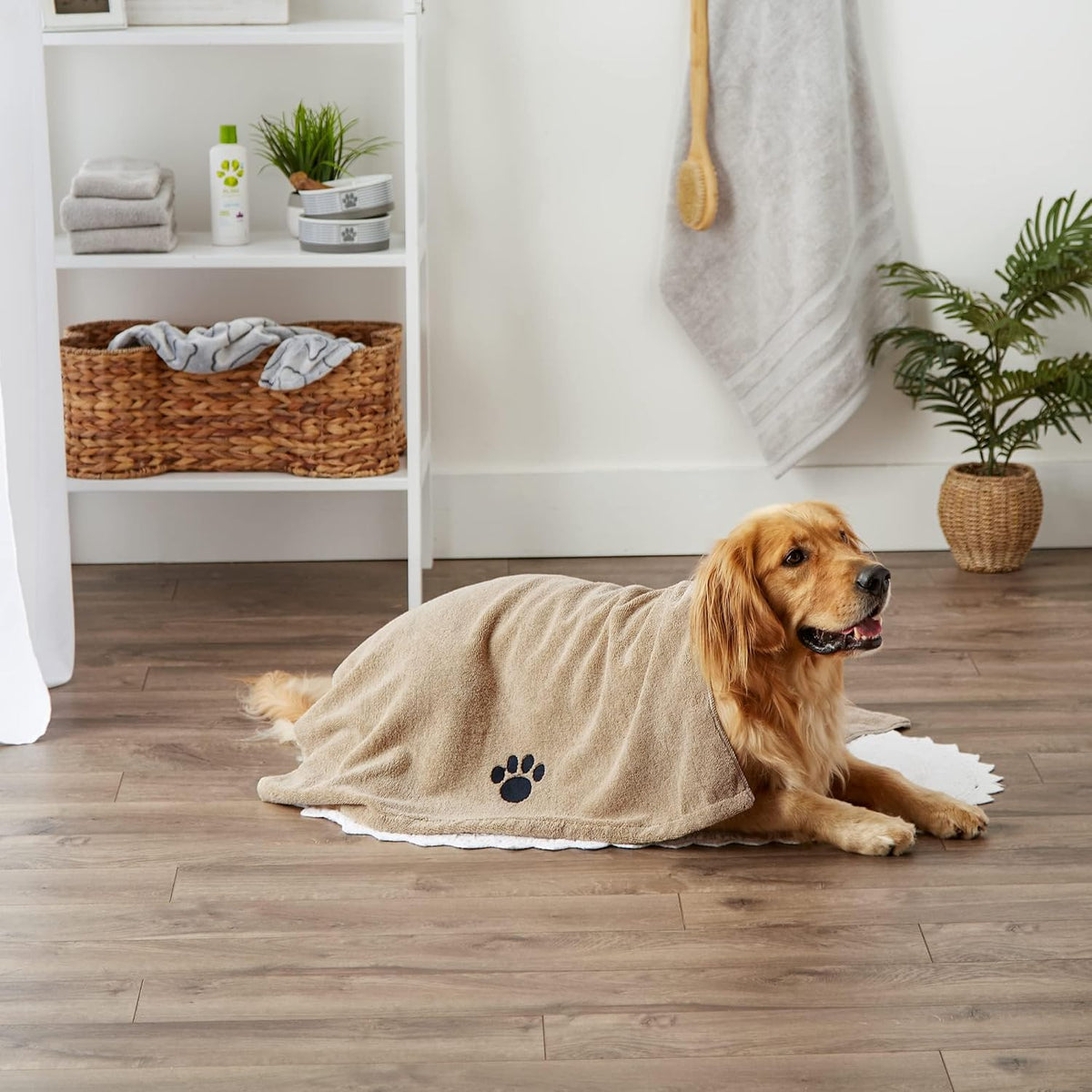 Pet Grooming Towel Collection Absorbent Microfiber X-Large, 41X23.5", Embroidered Taupe