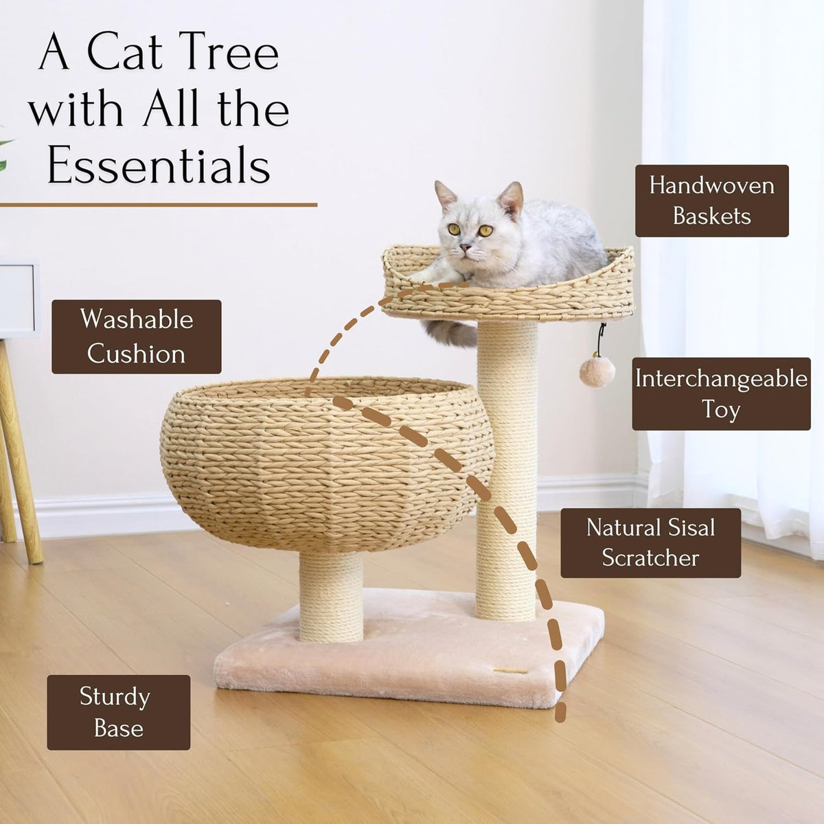 Modern Small Cat Tree with 2 Cat Beds, Handwoven Paper Rope Basket, Elevated Perch, Sisal Scratching Posts and Removable Washable Cushions, Beige