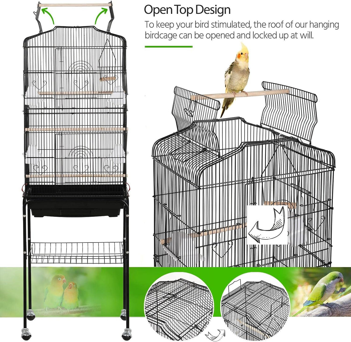 64-Inch Open Top Bird Cage for Parakeets & Cockatiels, Black