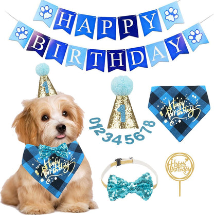 Boy Dog Birthday Bandana Hat Set, Blue, Small & Medium & Large