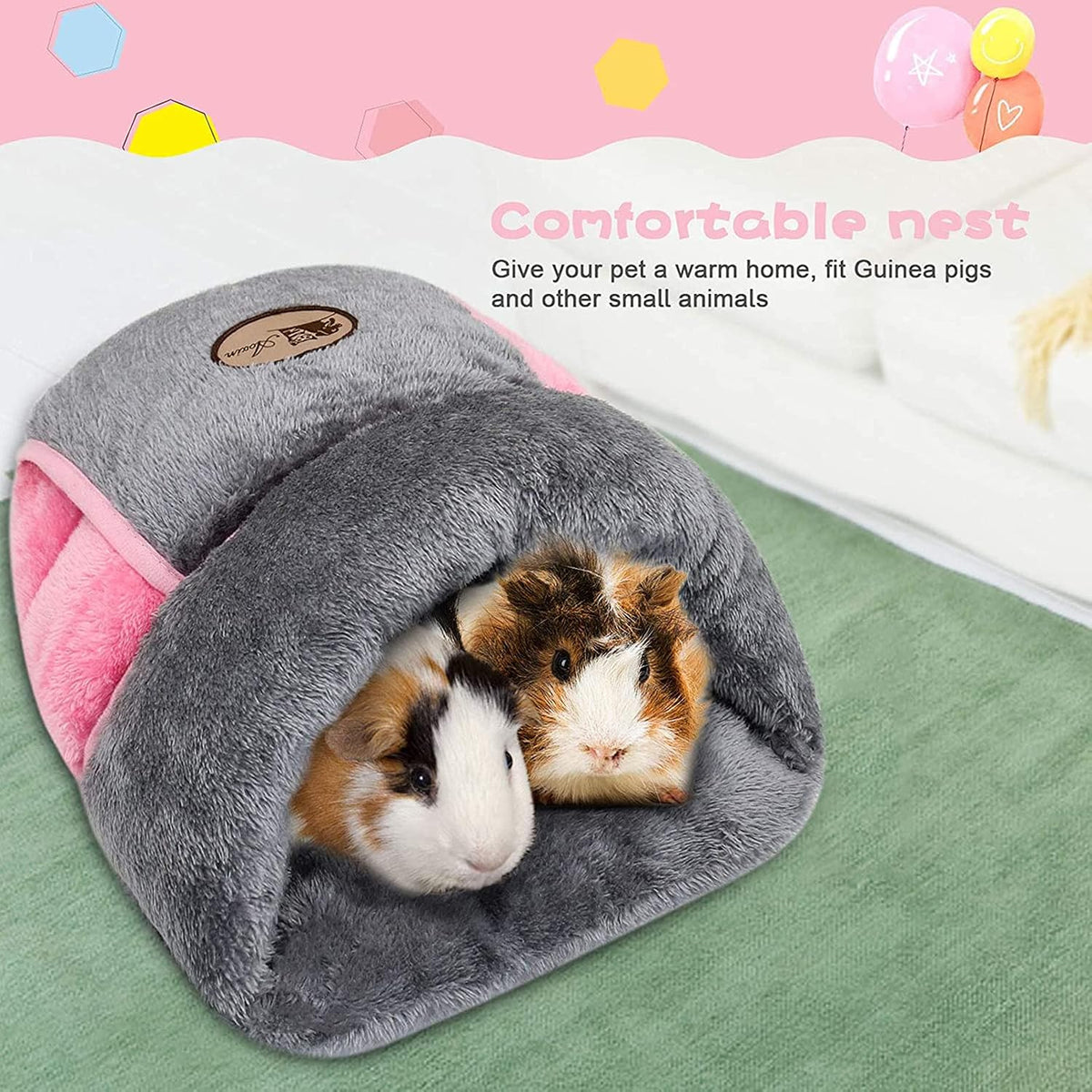 Guinea Pig Bed, Warm Fleece Slipper-Shaped Cuddle Cave, Grey