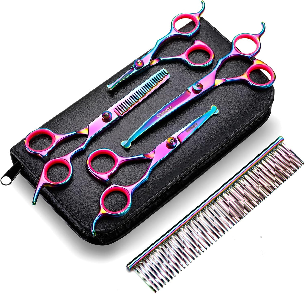 Professional 4CR Stainless Steel 6 in 1 Grooming Scissors for Dogs with Safety round Tip, Heavy Duty Titanium Coated Pet Grooming Scissor for Dogs, Cats and Other Animals