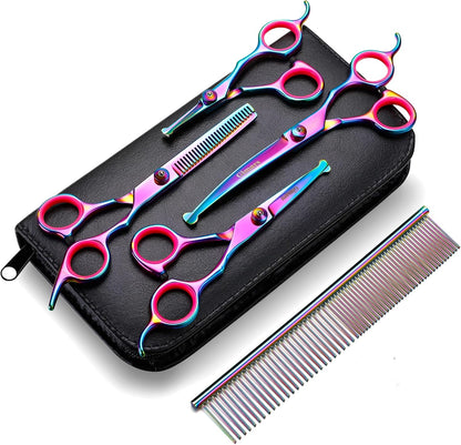 Professional 4CR Stainless Steel 6 in 1 Grooming Scissors for Dogs with Safety round Tip, Heavy Duty Titanium Coated Pet Grooming Scissor for Dogs, Cats and Other Animals