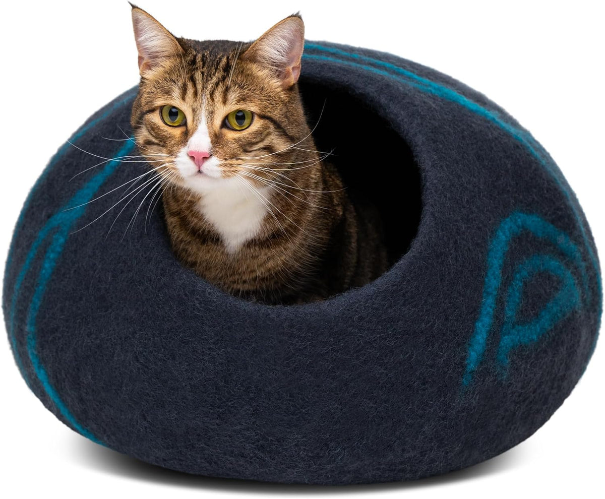 Cat Cave - Merino Wool Bed for Indoor Cats (Back Aqua, Large)