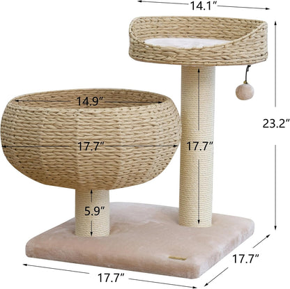 Modern Small Cat Tree with 2 Cat Beds, Handwoven Paper Rope Basket, Elevated Perch, Sisal Scratching Posts and Removable Washable Cushions, Beige