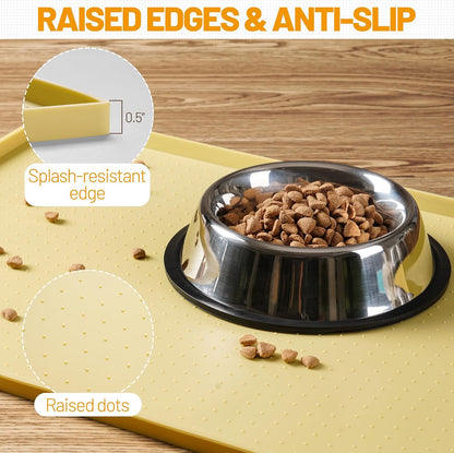 Dog Feeding Mat,100% Waterproof Food Grade Silicone Pet Food and Water Bowl Placemat,Dishwasher, High Raised Edge to Prevent Spills,Nonslip Tray to Stop Messes on Floor (24"X16"X0.5", Yellow)