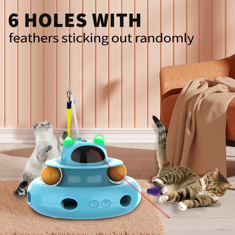 4 in 1 Indoor Interactive Cat Toy with Laser & Retractable Feather Wand, USB Rechargeable, Blue