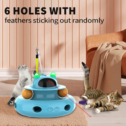 4 in 1 Indoor Interactive Cat Toy with Laser & Retractable Feather Wand, USB Rechargeable, Blue