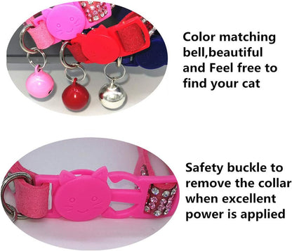 Basic Adjustable Cat Collar Bling Diamond Breakaway with Bell for Kitten Girl Boy (Pink)