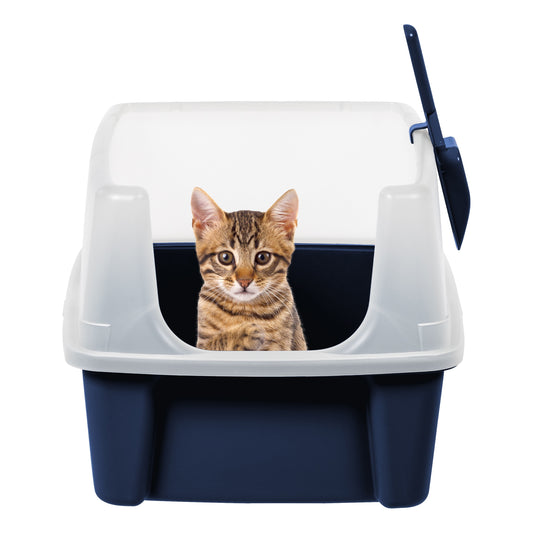 High-Sided Open-Top Cat Litter Box with Scoop in Navy