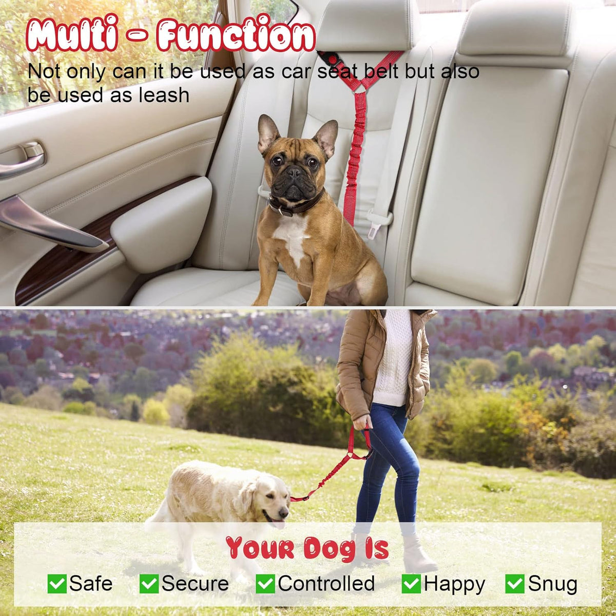 2 Pack Dog Seat Belt for Car, Headrest Restraint Safety Straps