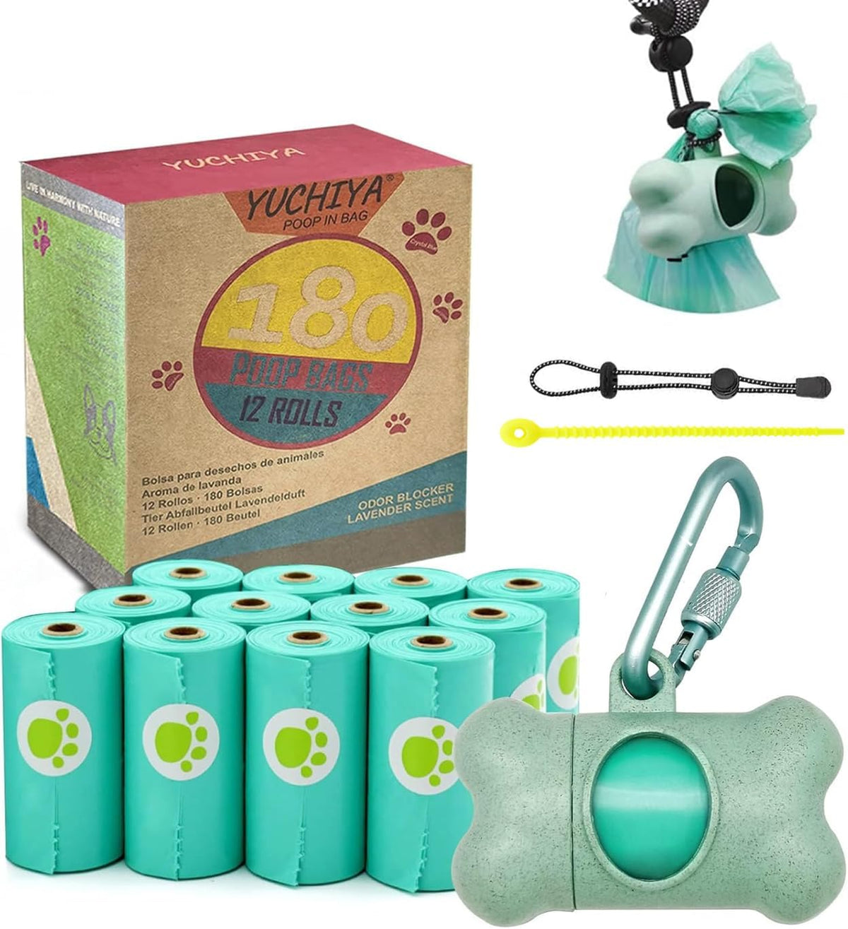 Dog Poop Pickup Bags Holder Dispenser with Standard-Sized Leak-Proof Scented Doggy Waste Bags and Carabiner with Safety Lock&Fastener Never Loose on Leash Lead Again (1 Holder 195 Bags, Blue)