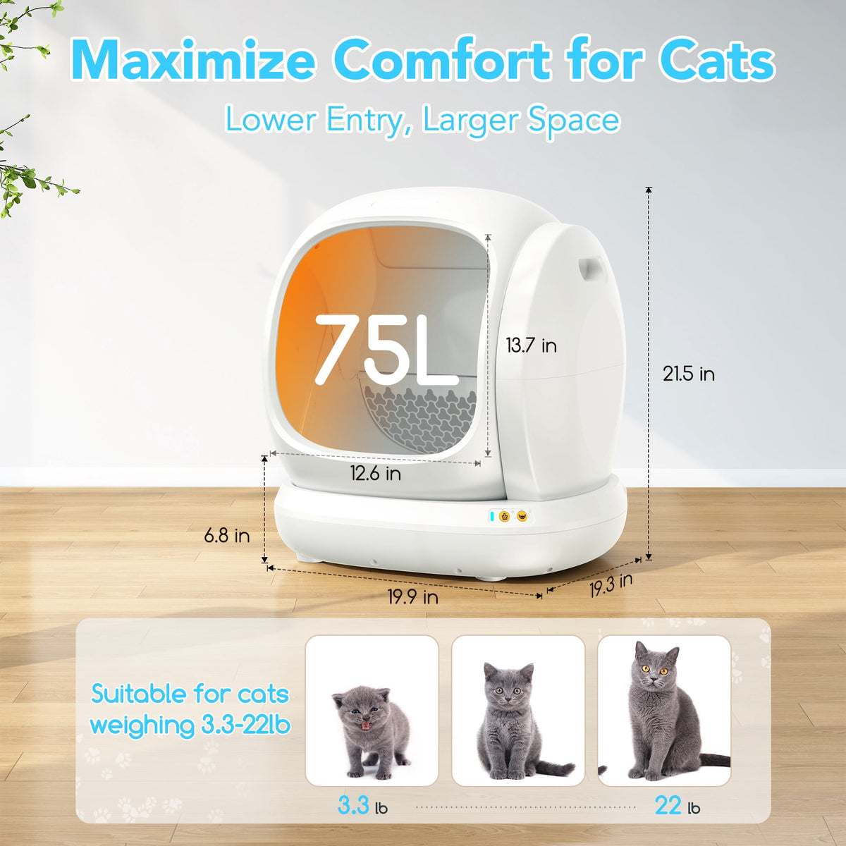 75L Smart Automatic Self-Cleaning Cat Litter Box, APP Control/Integrated Safety Protection,White