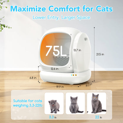 75L Smart Automatic Self-Cleaning Cat Litter Box, APP Control/Integrated Safety Protection,White