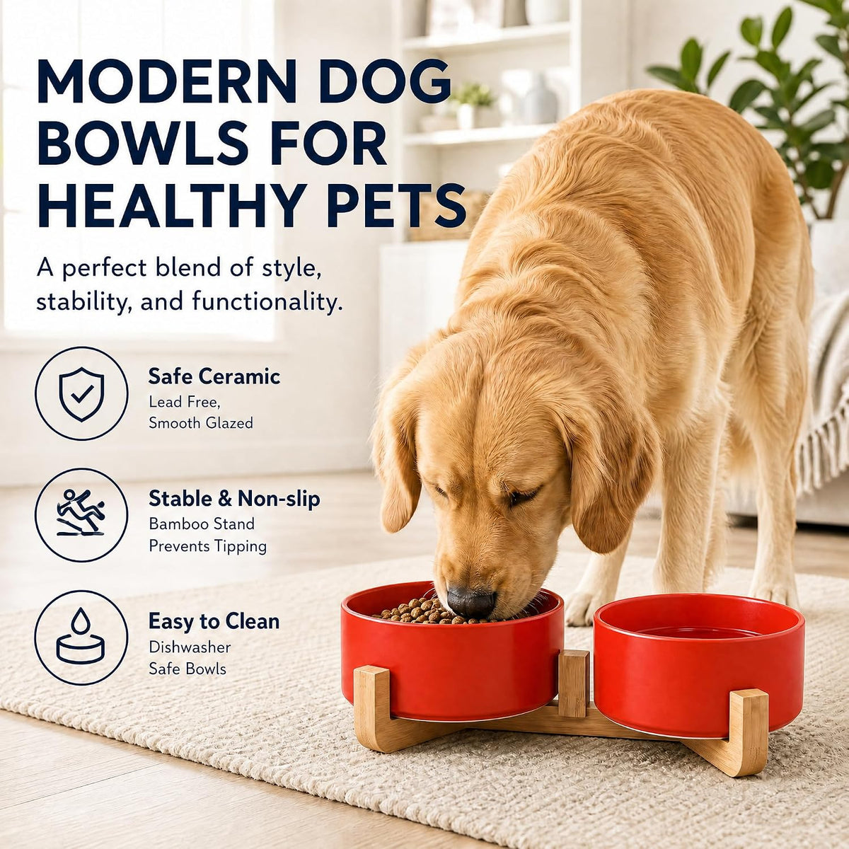 Ceramic Cat Dog Bowl Set with Stand,Pet Food and Water Dishes,Medium Dog Bowls anti -Slip Set of 2 Cat Dish Pet Food Bowls- Small Medium Size Pet (28OZ/6.1 In) Rust Red