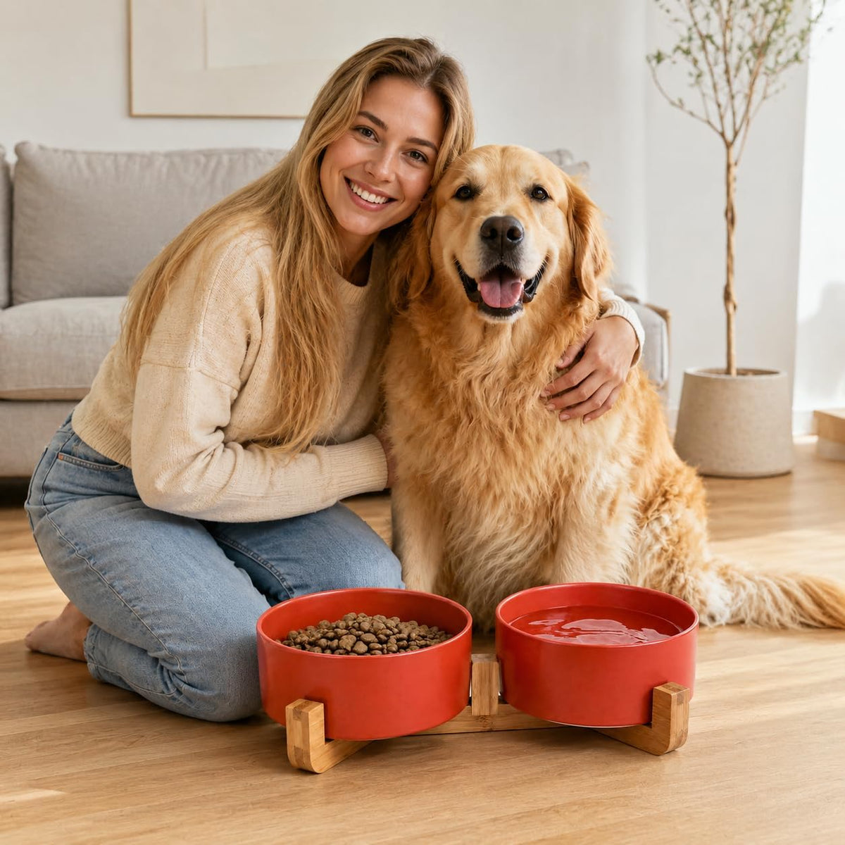 Ceramic Cat Dog Bowl Set with Stand,Pet Food and Water Dishes,Medium Dog Bowls anti -Slip Set of 2 Cat Dish Pet Food Bowls- Small Medium Size Pet (28OZ/6.1 In) Rust Red