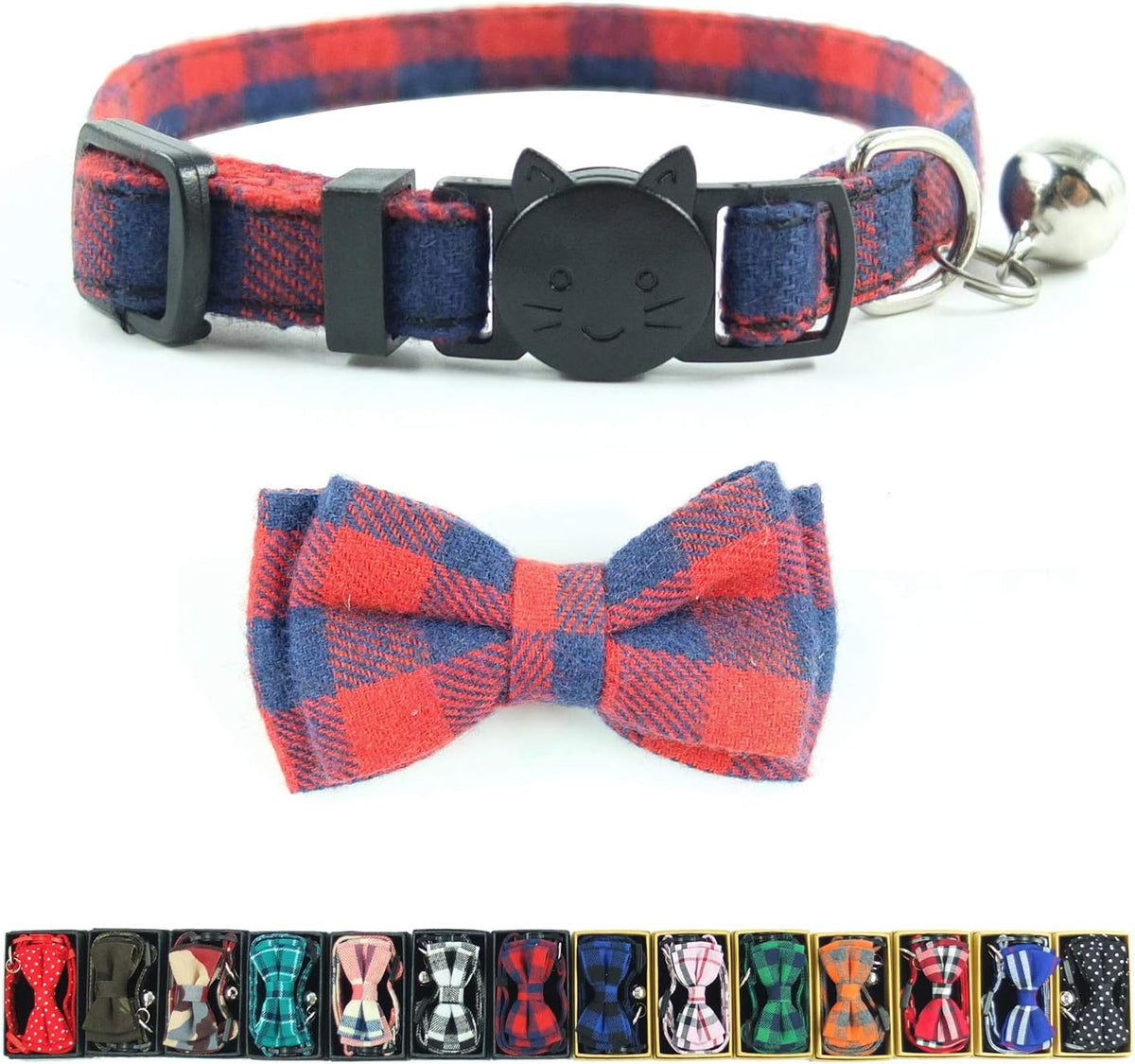 Cat Collar Breakaway with Bell and Bow Tie, Plaid Design Adjustable Safety Kitty Kitten Collars(6.8-10.8In) (Red Plaid 2)